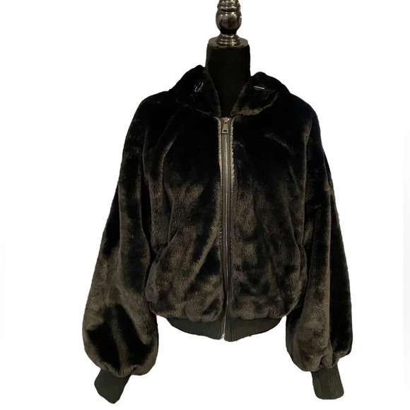 RAMY BROOK Black Onyx Hooded Faux Fur Coat Large